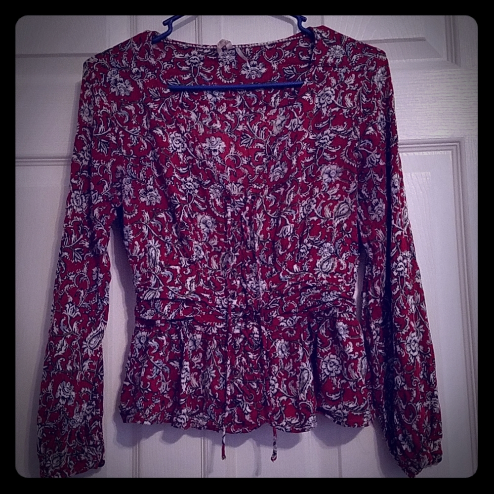 Feather Bone Red & Light Blue Peasant Top Boho